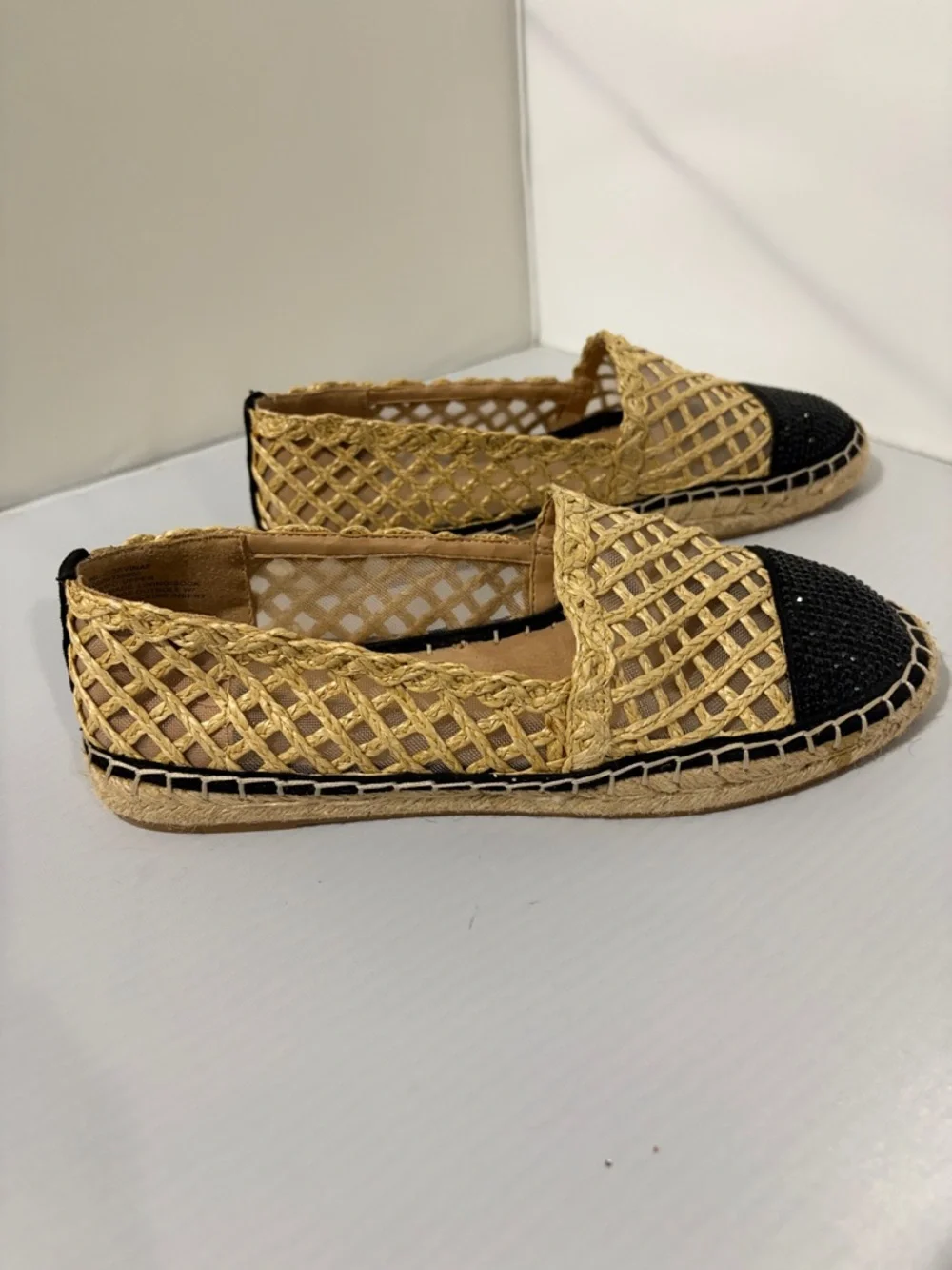 Woven Espadrille Slip-On Flats in Black and‎ Tan